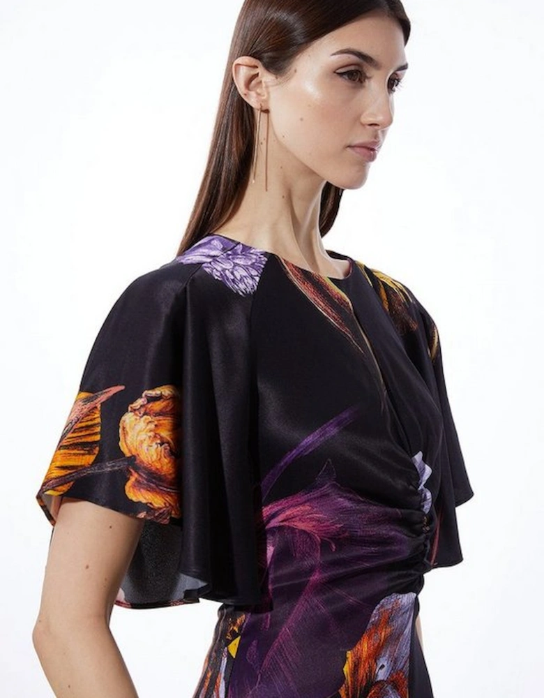 Tall Midnight Floral Satin Crepe Woven Angel Sleeve Maxi