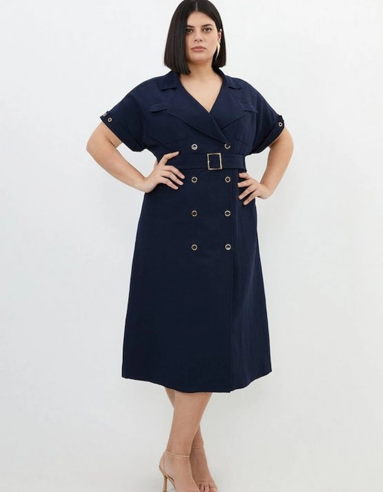 Plus Size Premium Linen Viscose Tailored Double Breasted Belted Midi Shirt Dress