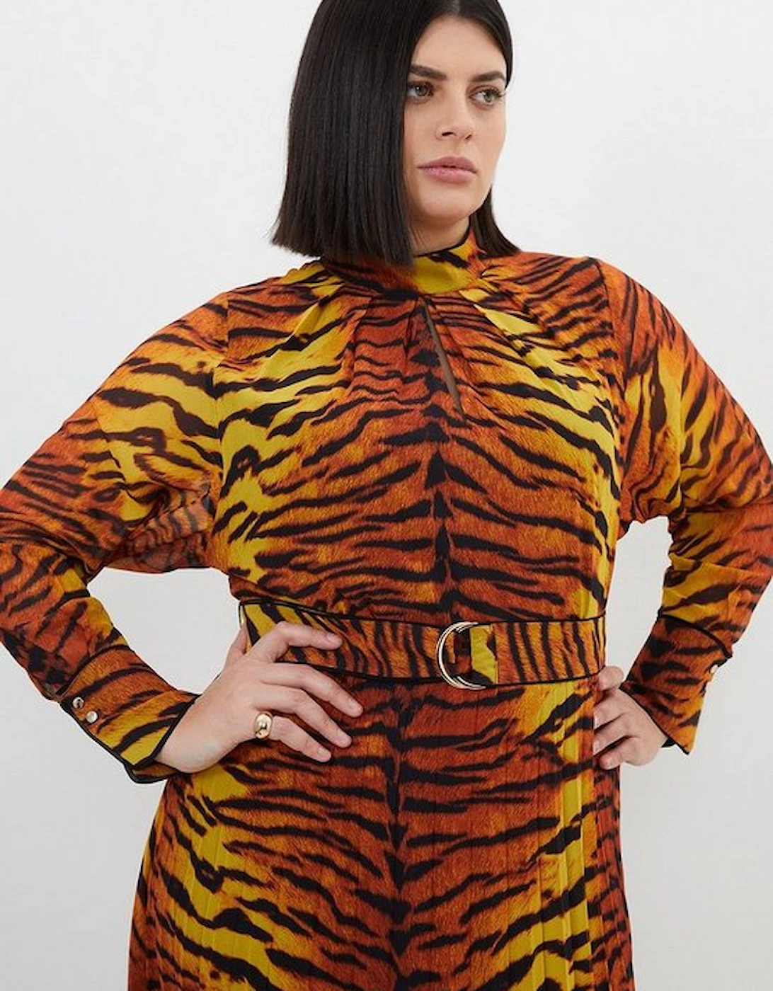 Plus Size Wild Tiger Printed Georgette Woven Midi Dress