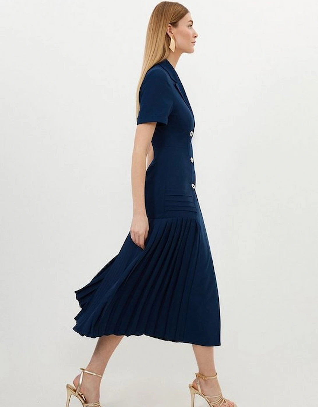 Pleated Button Detailed Woven Midi Dress