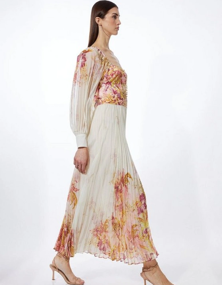 Petite Border Print Floral And Satin Bodice Pleat Woven Maxi Dress