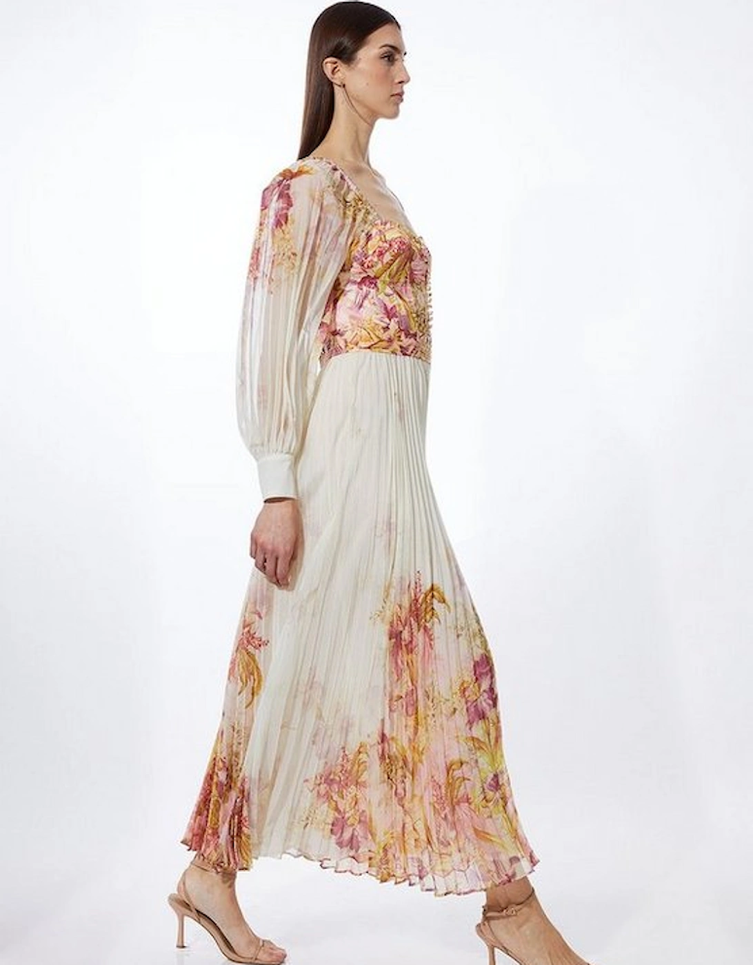 Border Print Floral And Satin Bodice Pleat Woven Maxi Dress, 5 of 4