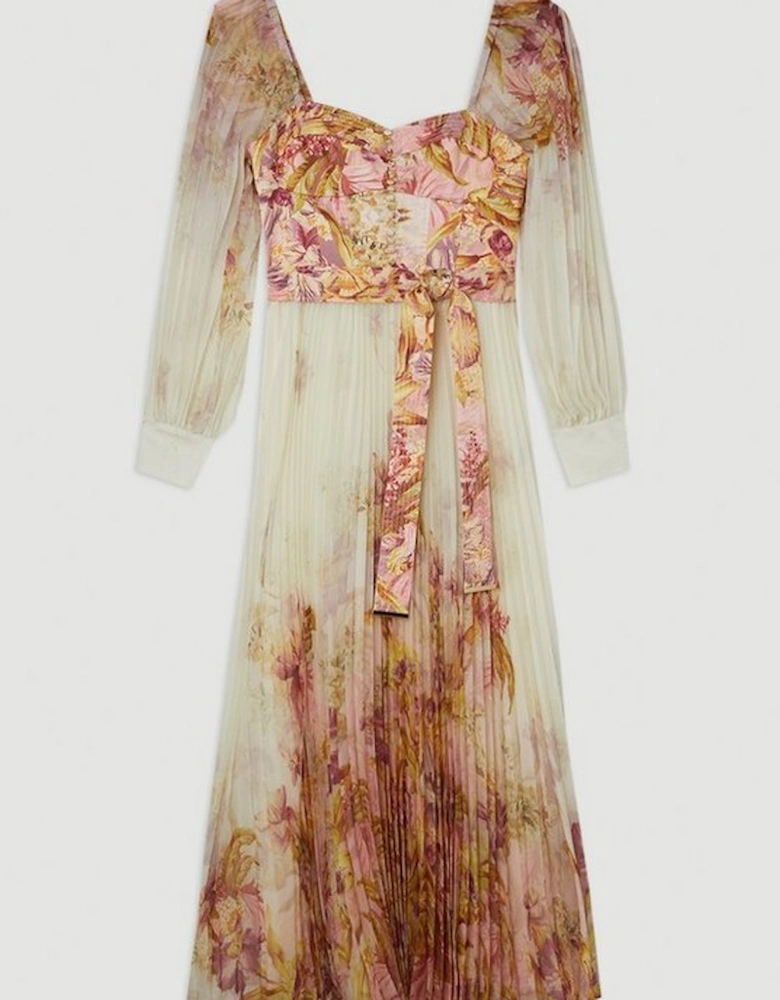 Border Print Floral And Satin Bodice Pleat Woven Maxi Dress