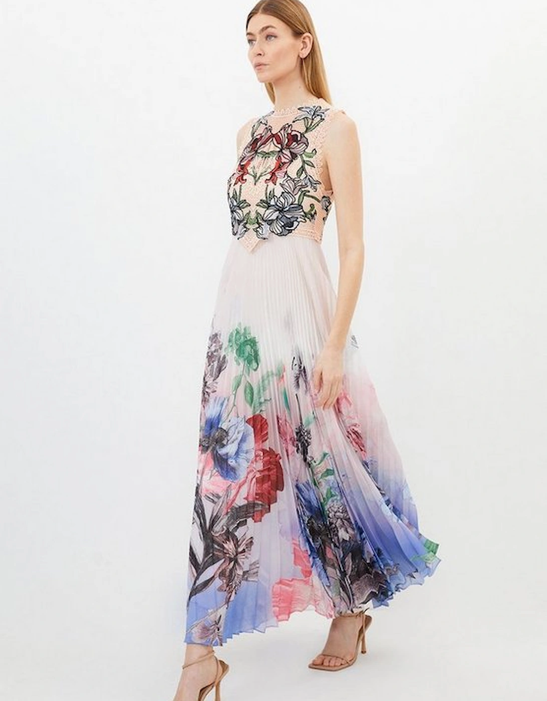 Guipure Lace Pleat Border Print Woven Maxi Dress, 5 of 4