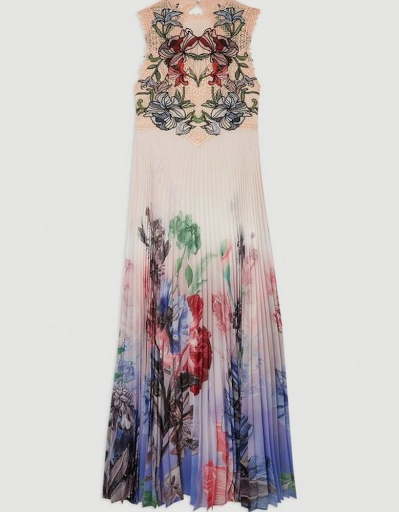 Guipure Lace Pleat Border Print Woven Maxi Dress