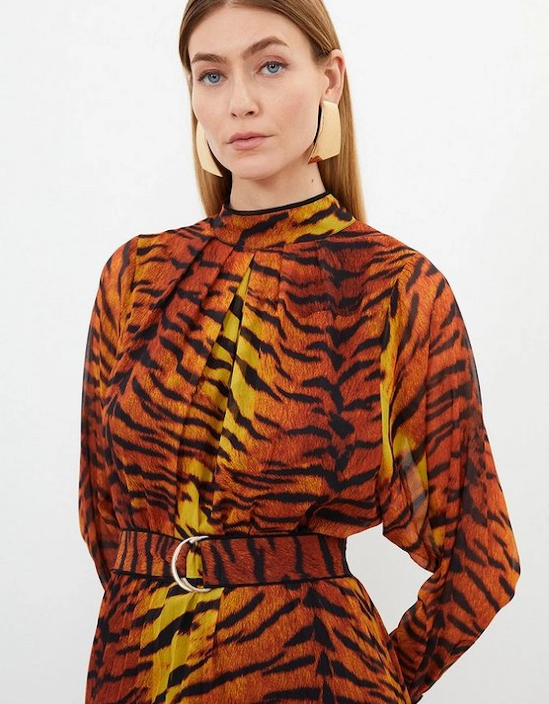 Petite Wild Tiger Printed Georgette Woven Midi Dress