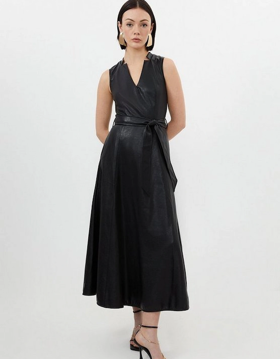 Faux Leather Notch Neck Belted Full Skirt Maxi Dress, 5 of 4