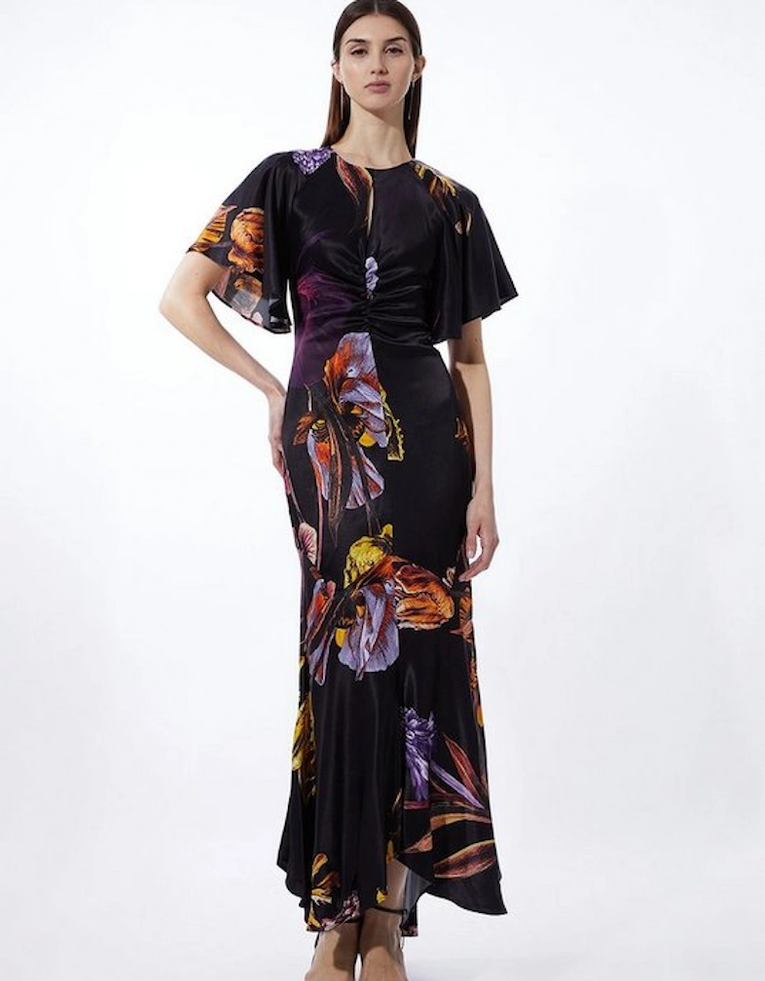 Tall Midnight Floral Satin Crepe Woven Angel Sleeve Maxi, 5 of 4