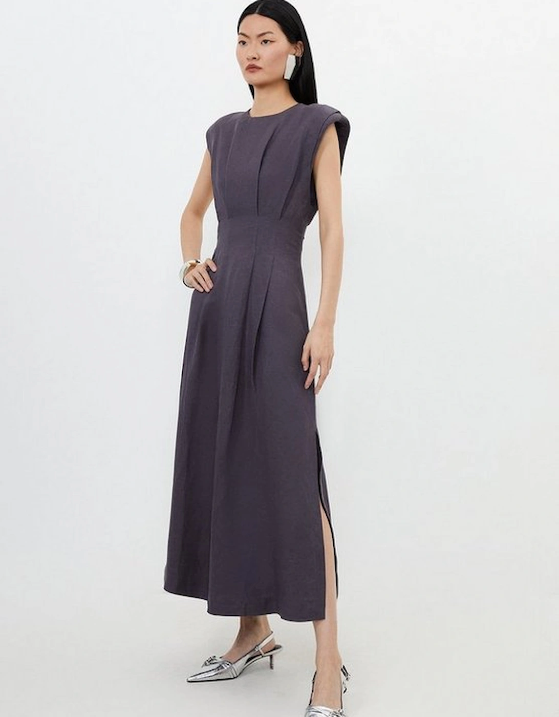 Viscose Linen Woven Pintuck Midi Dress, 5 of 4