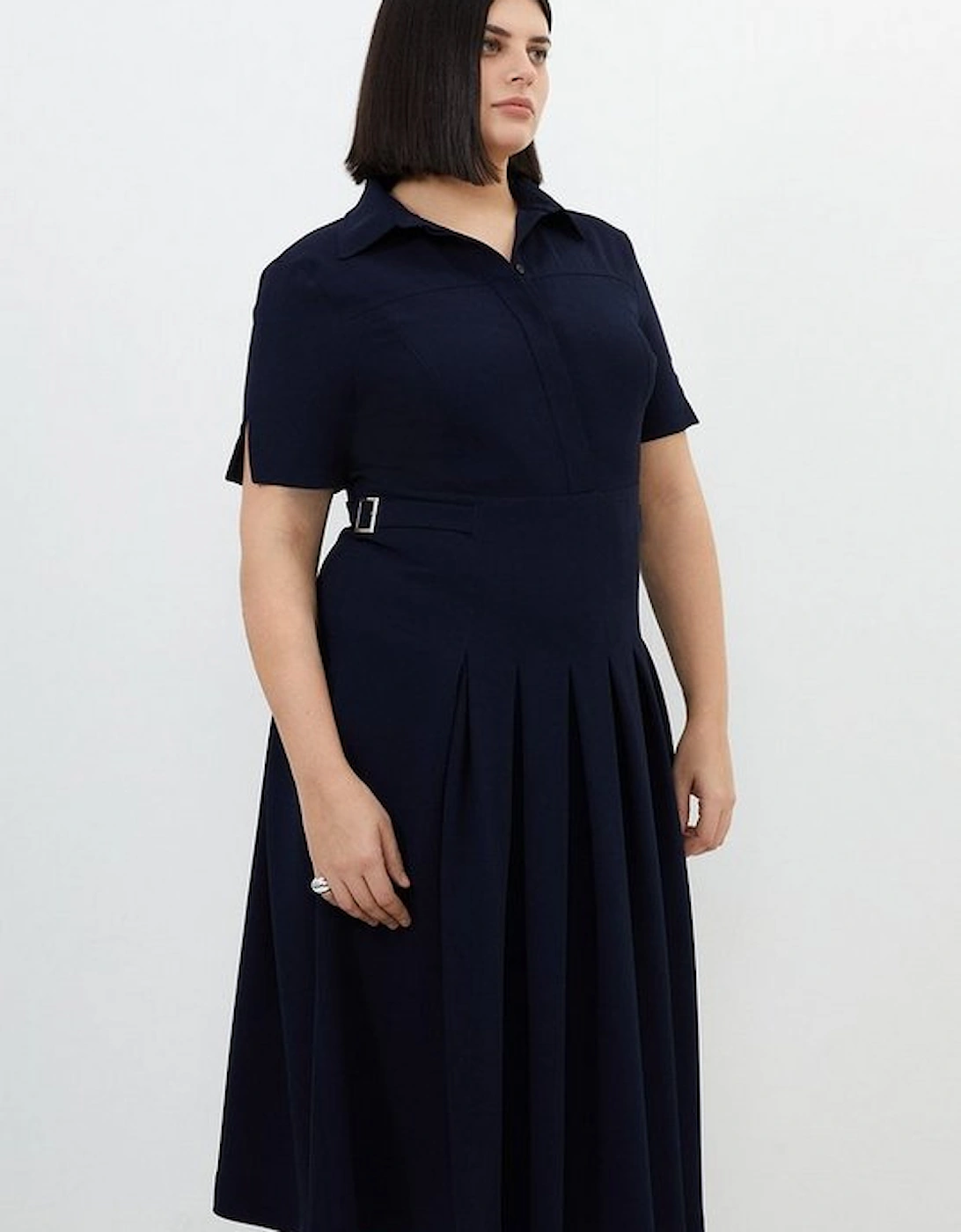 Plus Size Tailored Crepe Short Sleeve Pleated Midi Dress