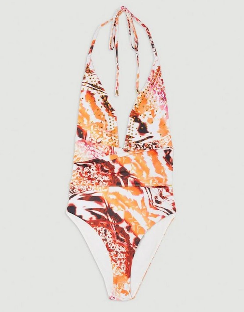 Statement Print Embellished Trim Tie Detail Swimsuit