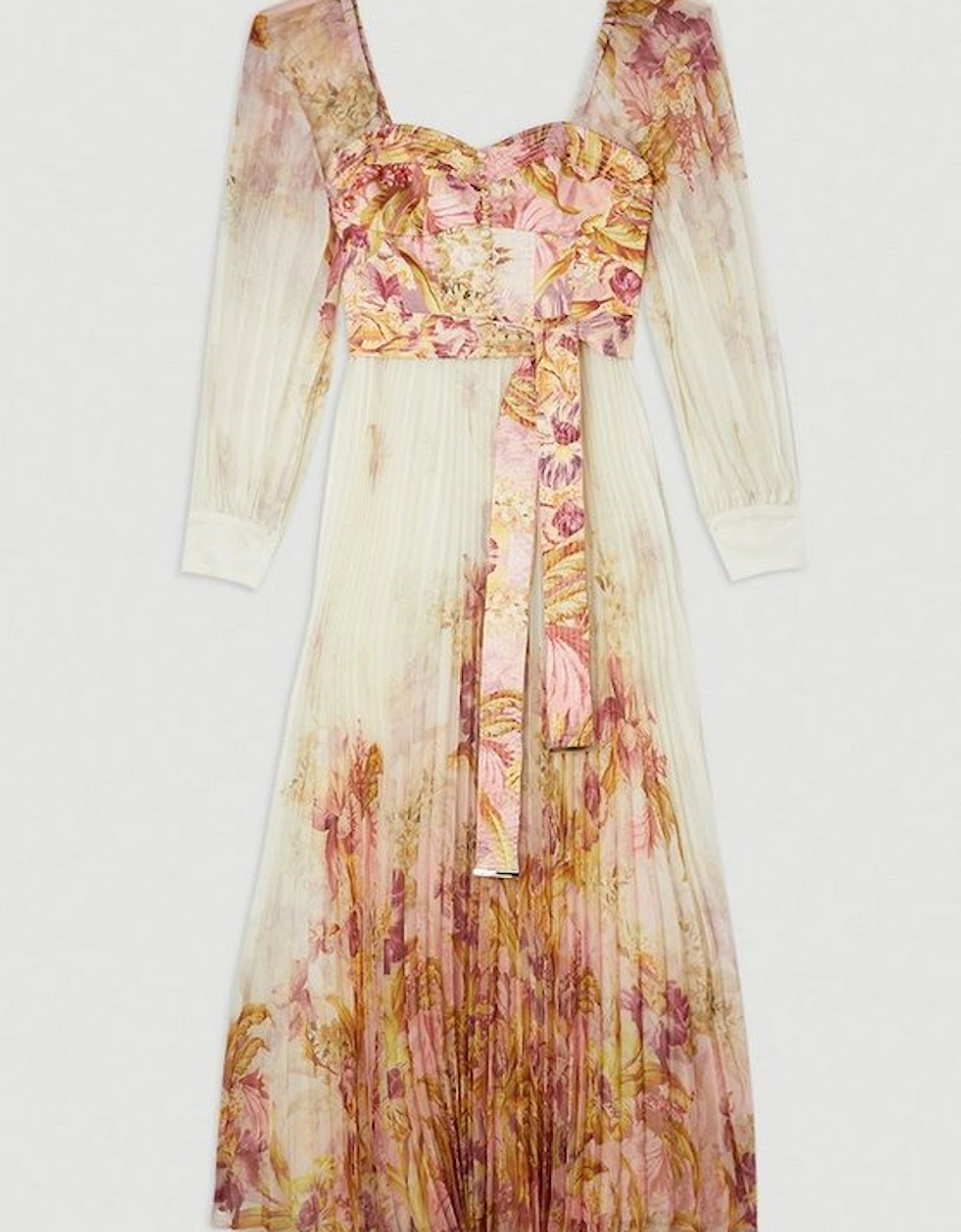 Petite Border Print Floral And Satin Bodice Pleat Woven Maxi Dress