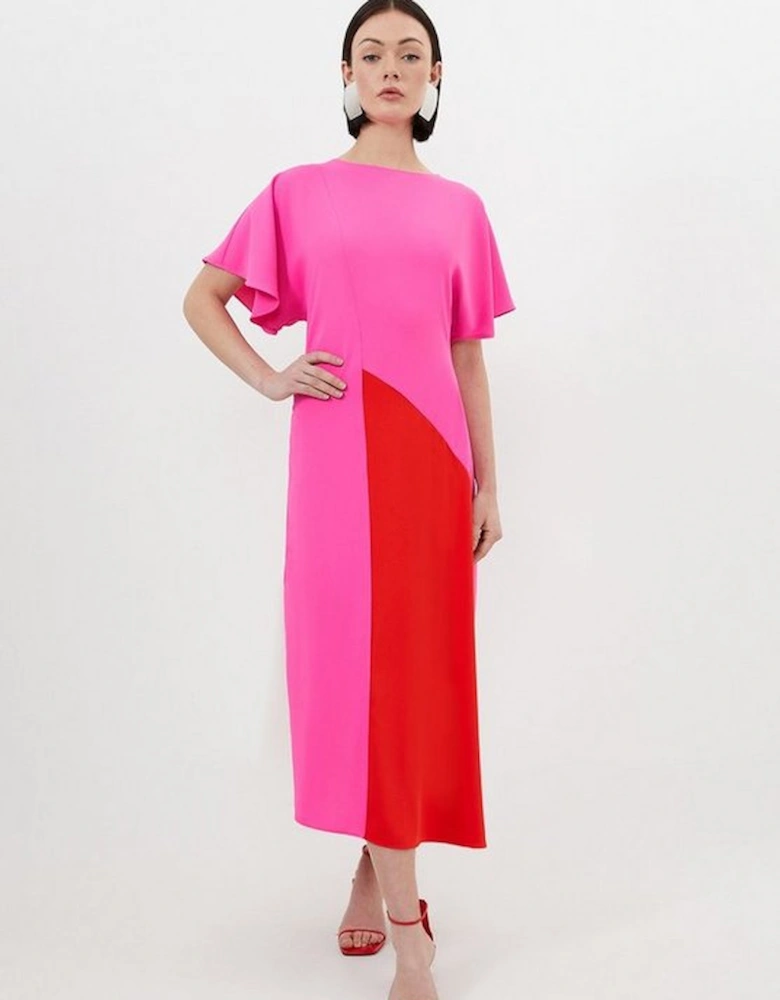 Soft Tailored Colour Block Panel Full Skirted Midi Dress