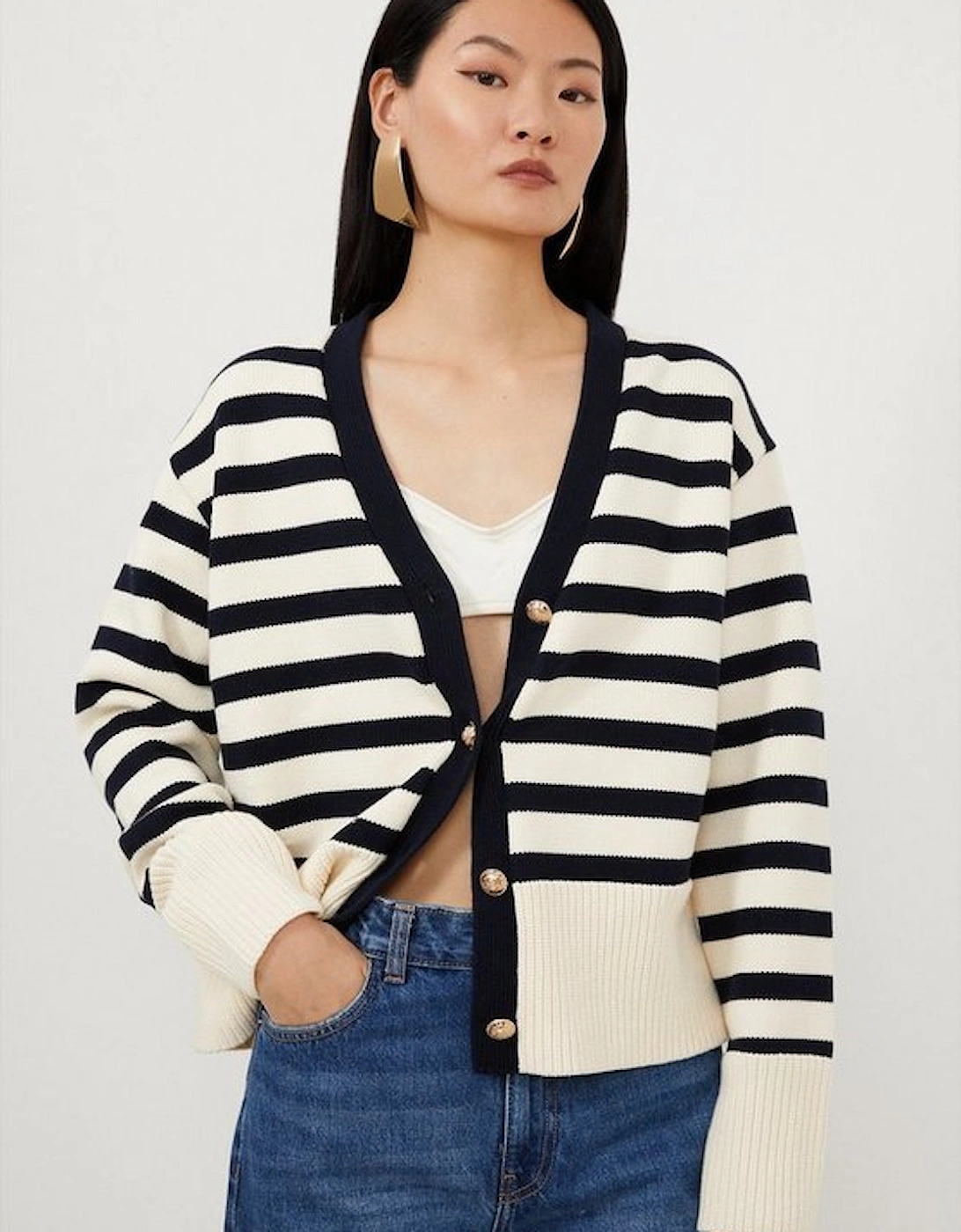 Cotton V Neck Knit Boxy Striped Cardigan, 5 of 4