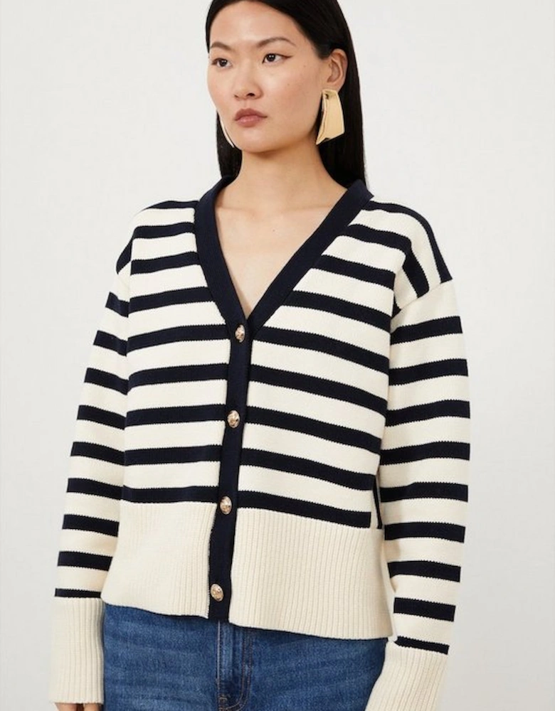 Cotton V Neck Knit Boxy Striped Cardigan