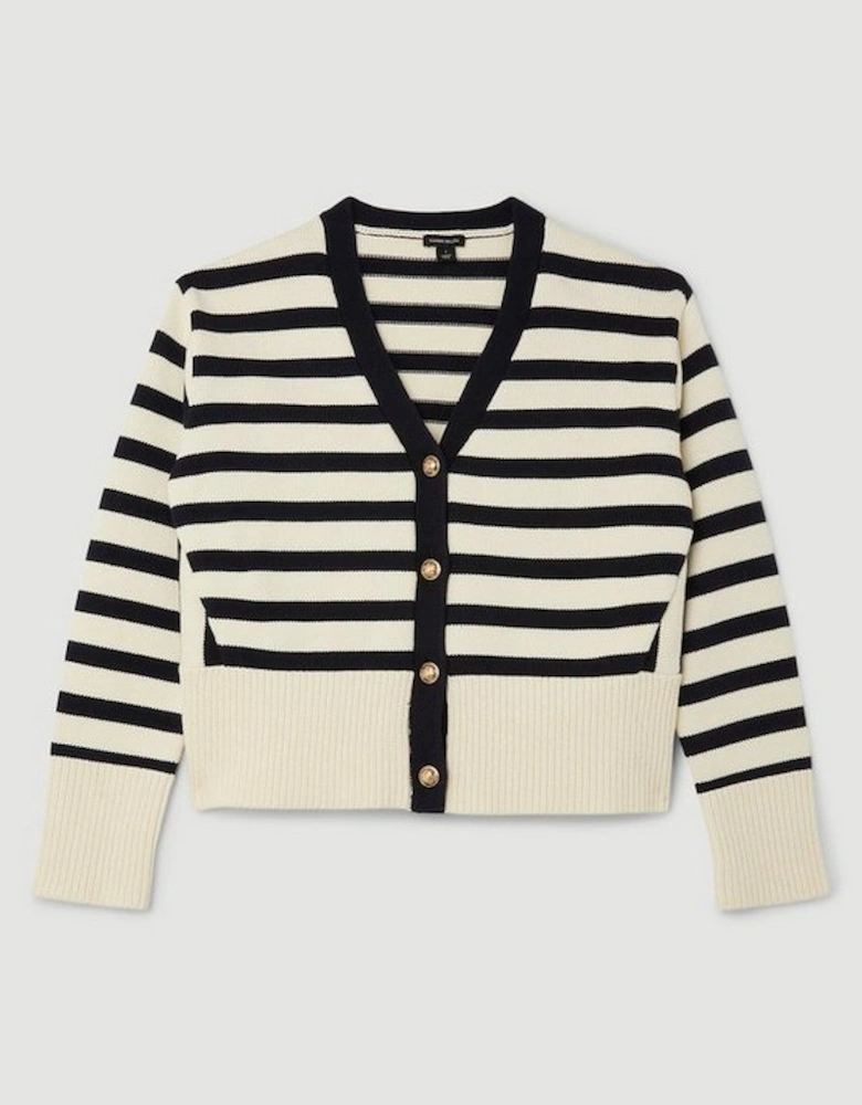 Cotton V Neck Knit Boxy Striped Cardigan