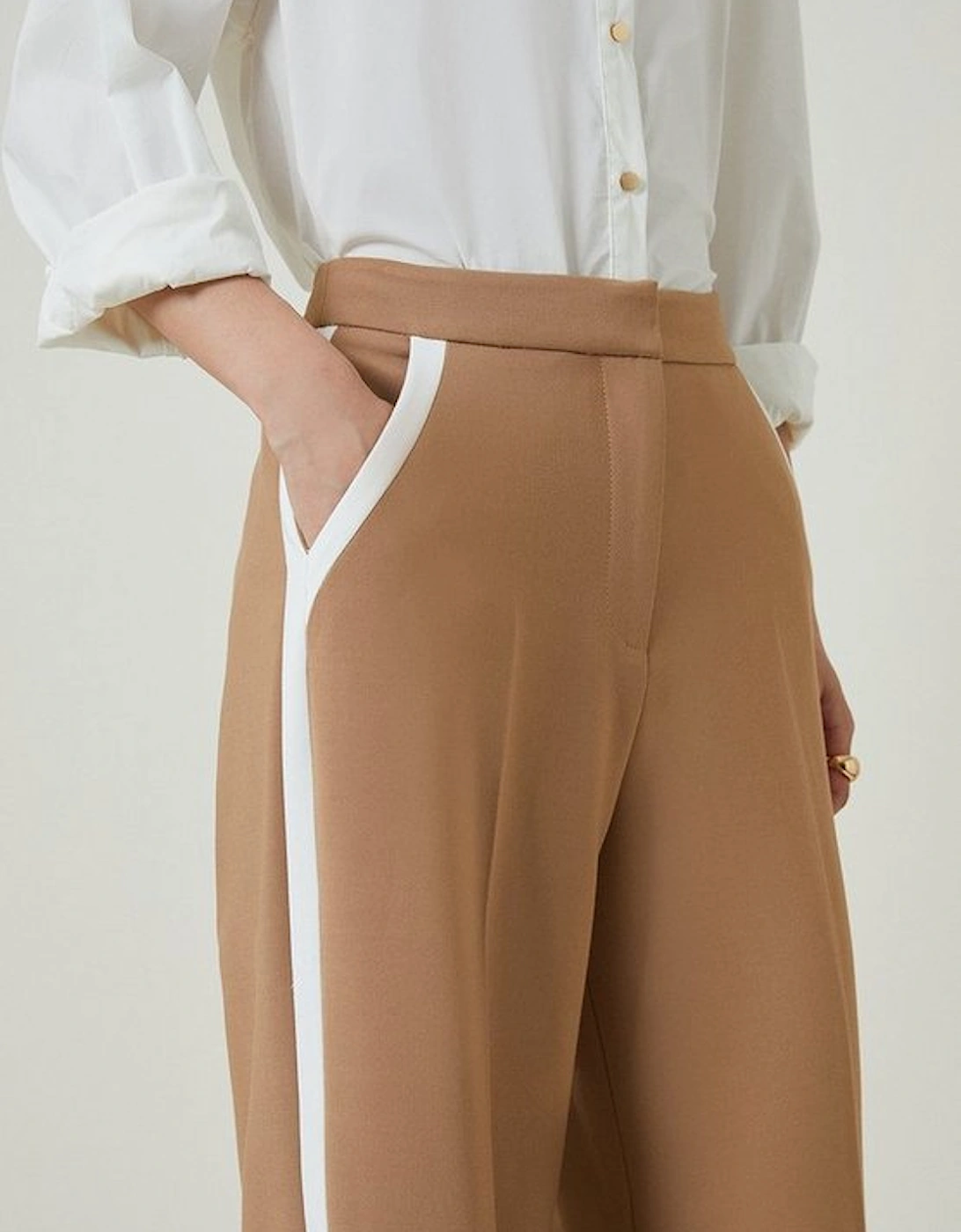 Compact Stretch Contrast Panel Wide Leg Tailored Trousers