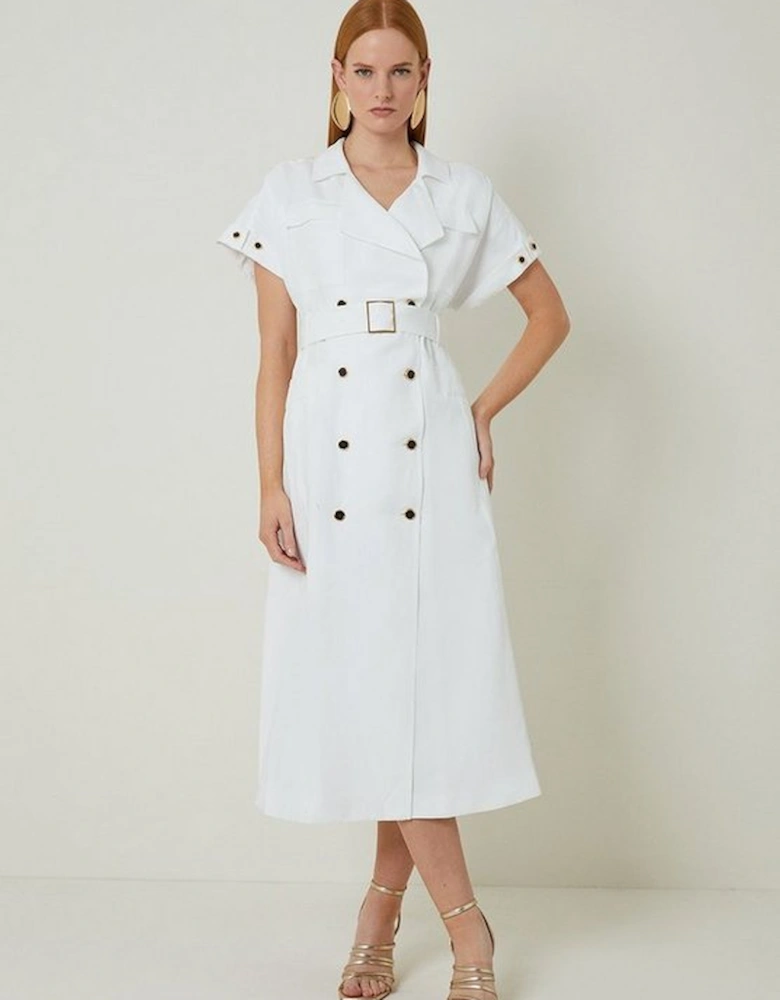 Premium Tailored Linen Viscose Double Breasted Belted Midi Shirt Dress