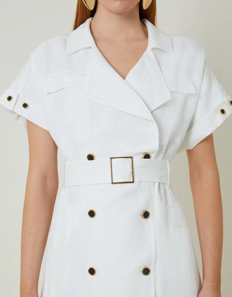 Petite Premium Linen Viscose Tailored Double Breasted Belt Midi Shirt Dress