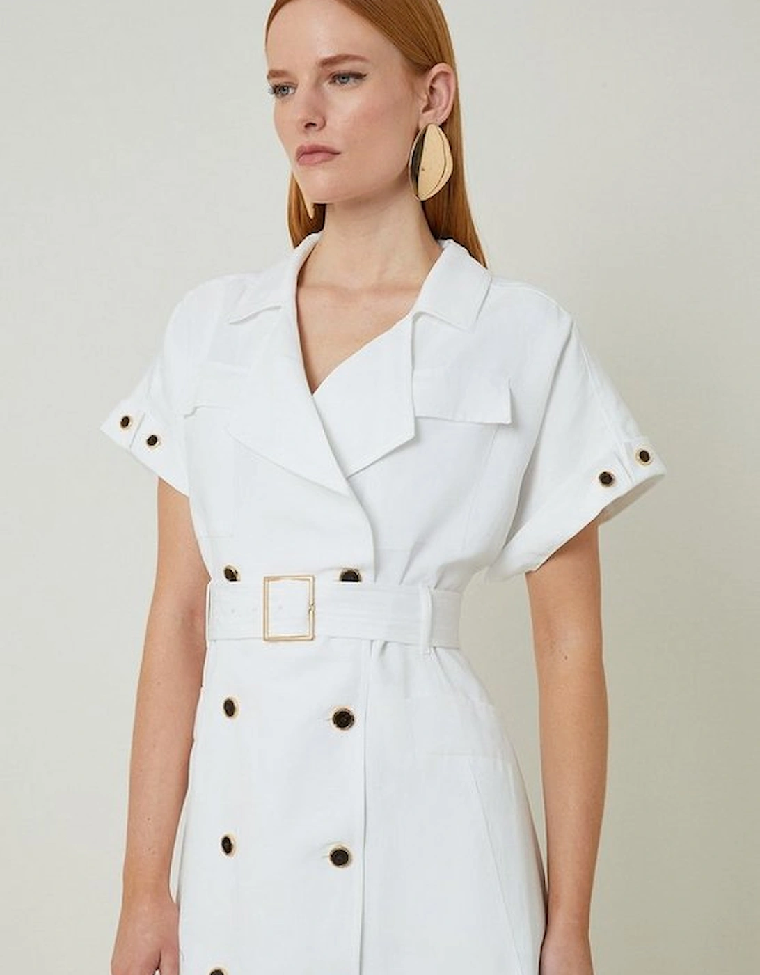 Premium Tailored Linen Viscose Double Breasted Belted Midi Shirt Dress