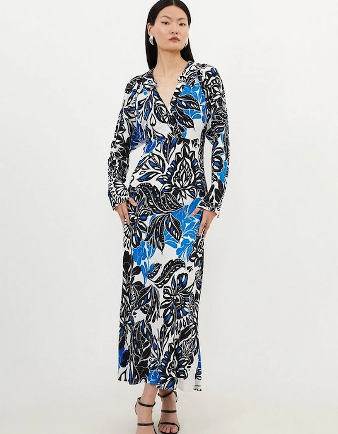 Floral Printed Morocain Woven Collared Midaxi Dress, 5 of 4