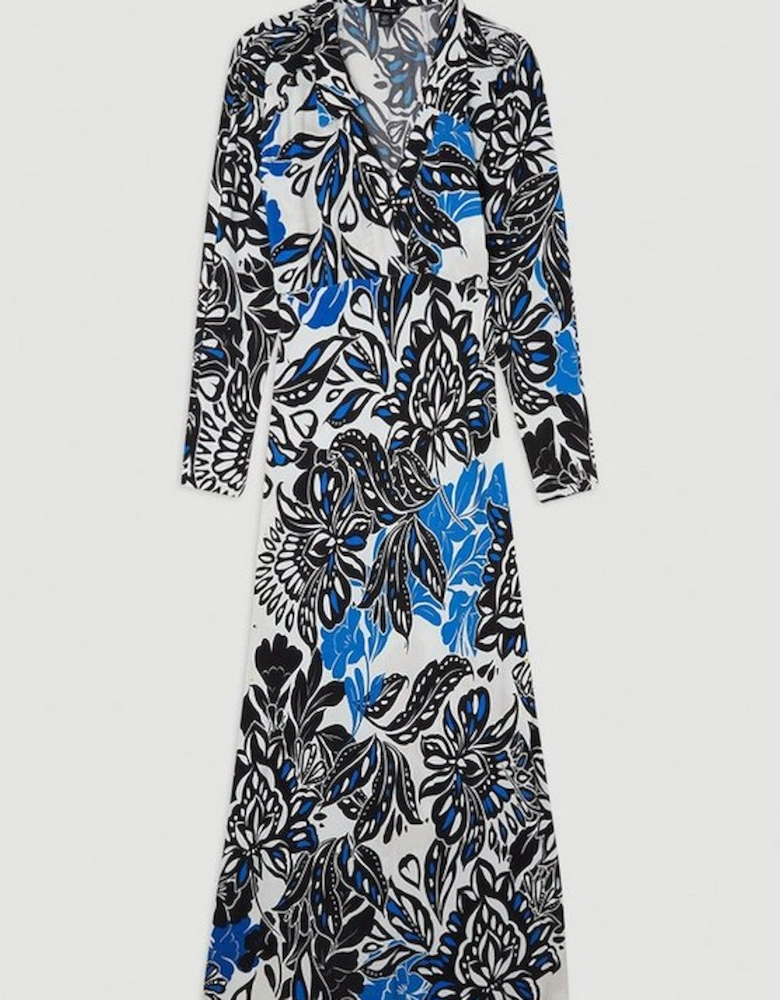Floral Printed Morocain Woven Collared Midaxi Dress