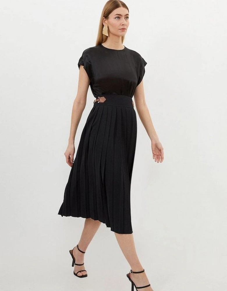 Soft Tailored Crepe Tab Detail Pleated Midi Skirt