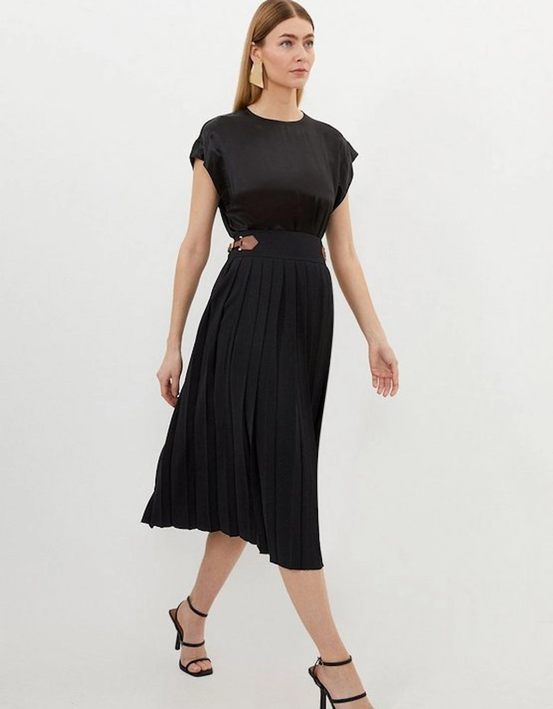 Soft Tailored Crepe Tab Detail Pleated Midi Skirt, 5 of 4