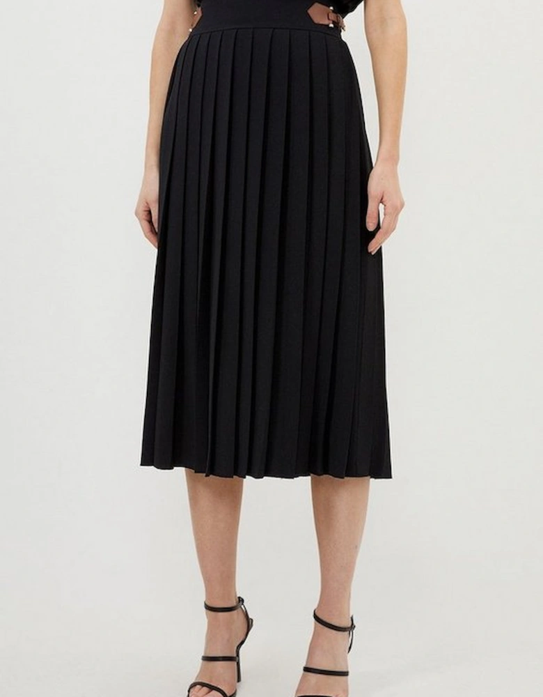 Soft Tailored Crepe Tab Detail Pleated Midi Skirt
