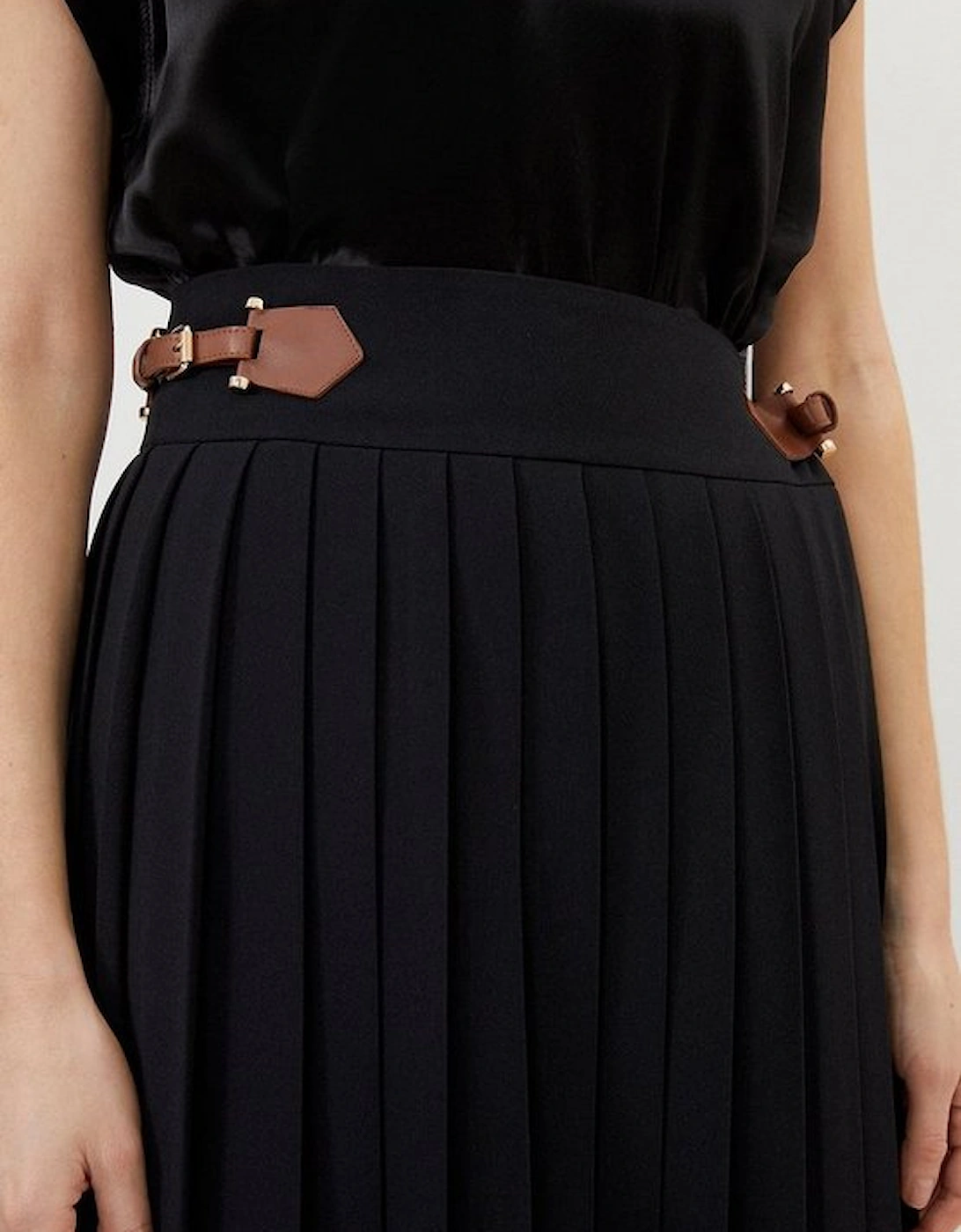 Soft Tailored Crepe Tab Detail Pleated Midi Skirt