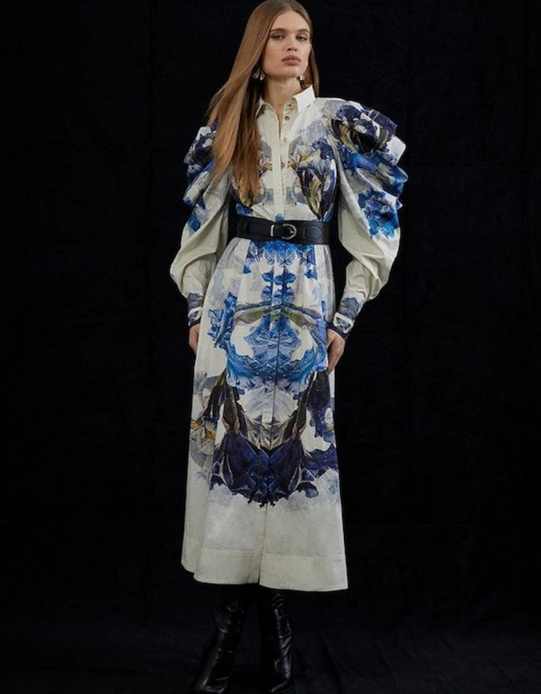 Petite Mirrored Floral Print Cotton Midi Dress