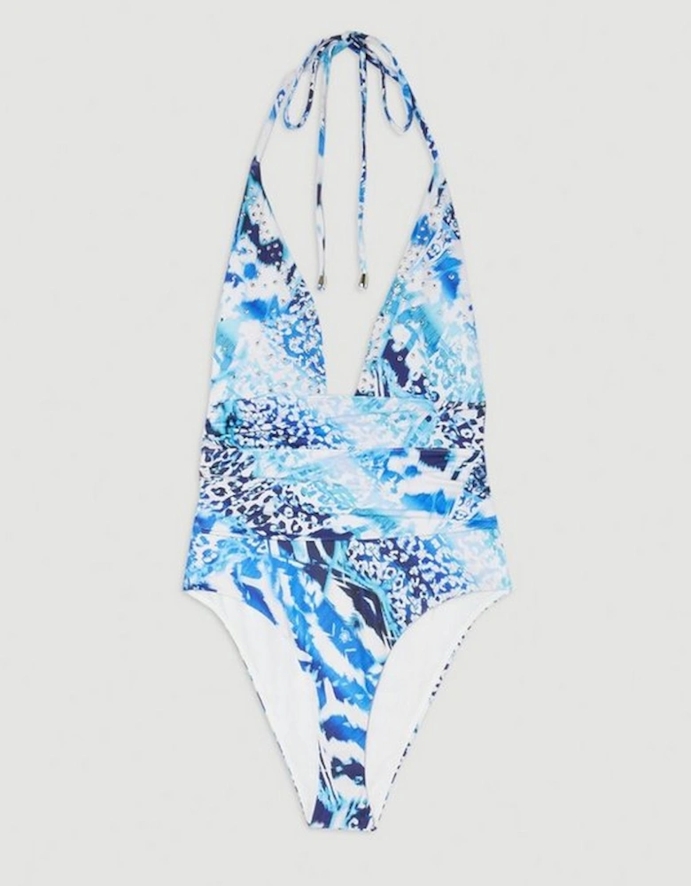 Abstract Print Embellished Trim Tie Detail Swimsuit