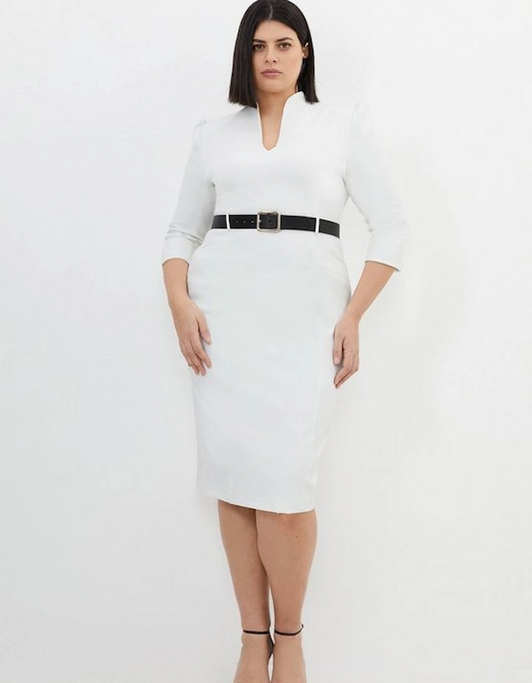 Plus Size Tailored Structured Crepe High Neck Belted Dress, 5 of 4
