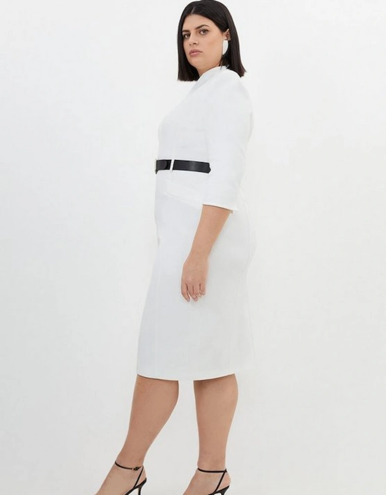 Plus Size Tailored Structured Crepe High Neck Belted Dress