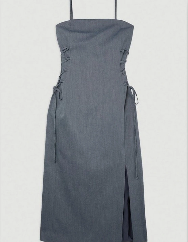 Corseted Tie Side Detail Tailored Bandeau Midi Dress