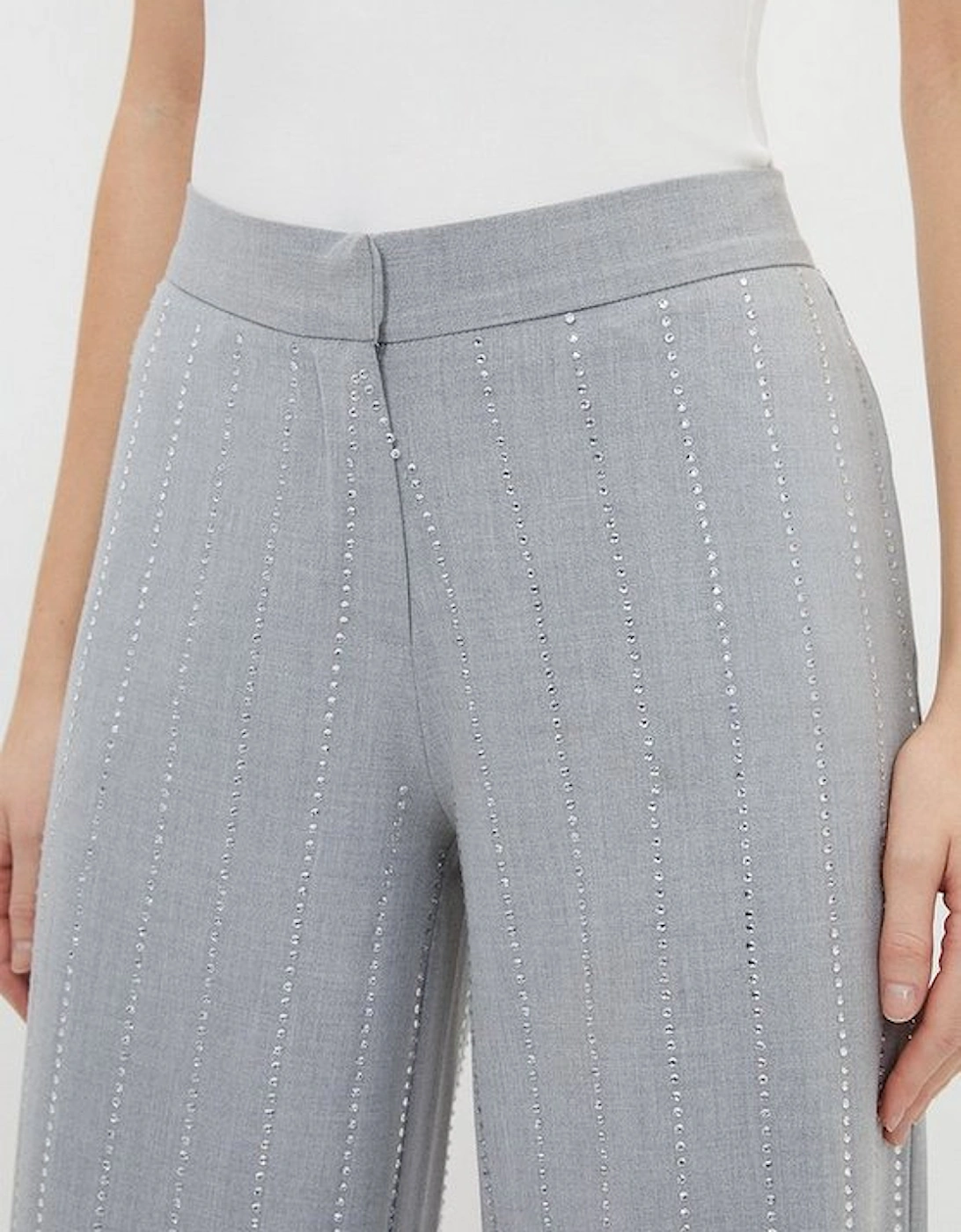 Embellished Wool Blend Woven Wide Leg Trousers