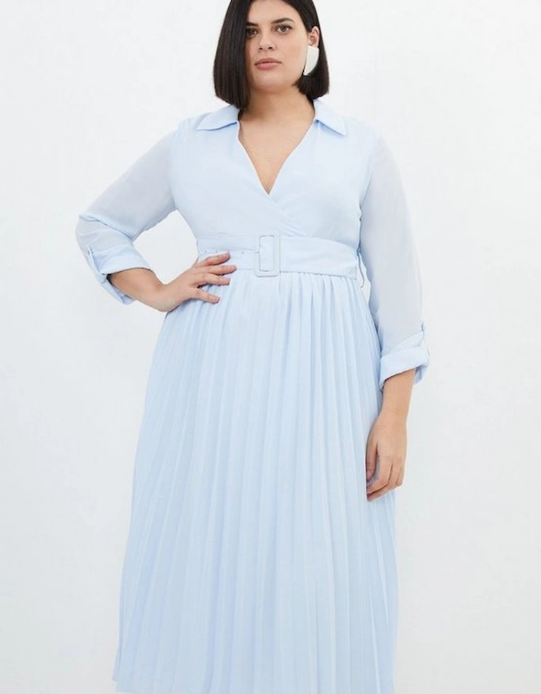 Plus Size Georgette Woven Belted Pleated Midi Dress