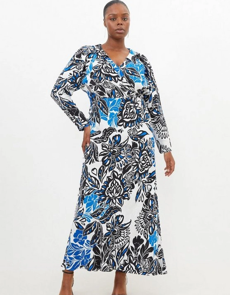 Plus Size Floral Morocain Woven Collared Maxi Dress