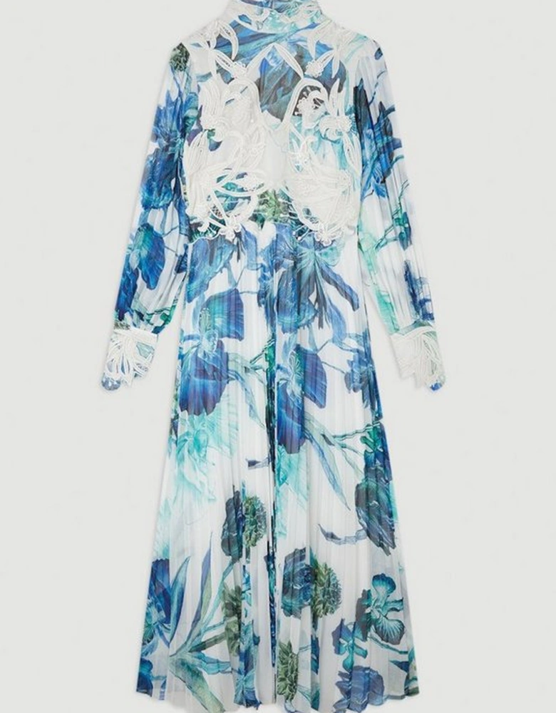 Floral Printed Lace Applique Woven Maxi Dress