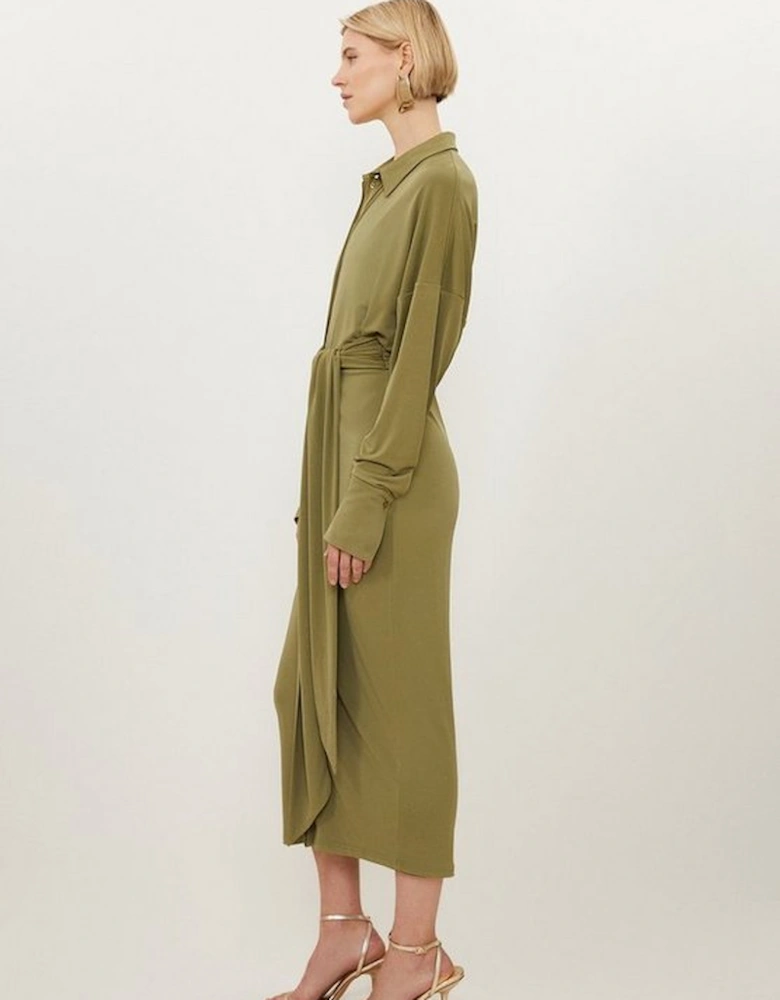 Tall Ruched Tie Waist Jersey Crepe Shirt Midi Dress