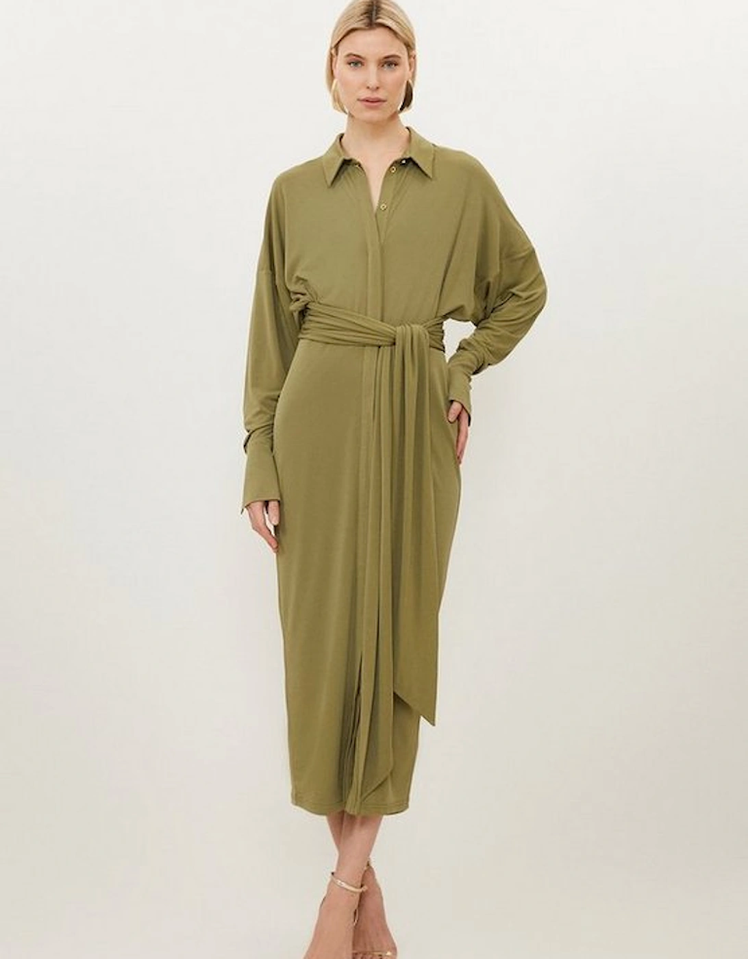 Ruched Tie Waist Jersey Crepe Shirt Midi Dress, 5 of 4