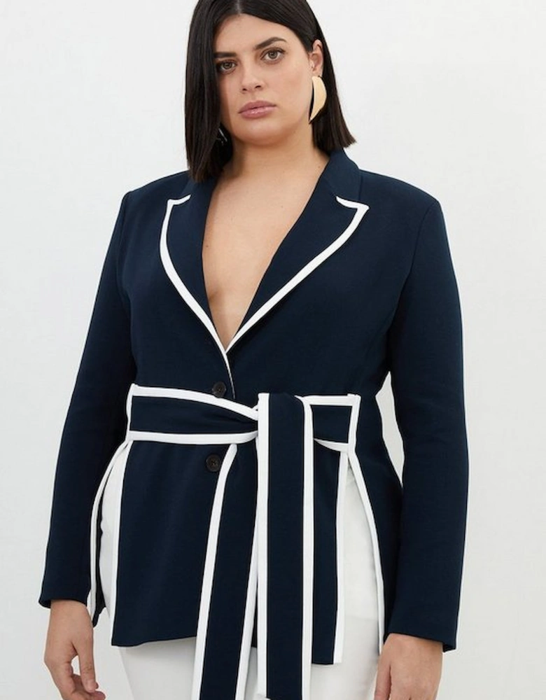 Plus Size Compact Stretch Tailored Belted Tipped Blazer
