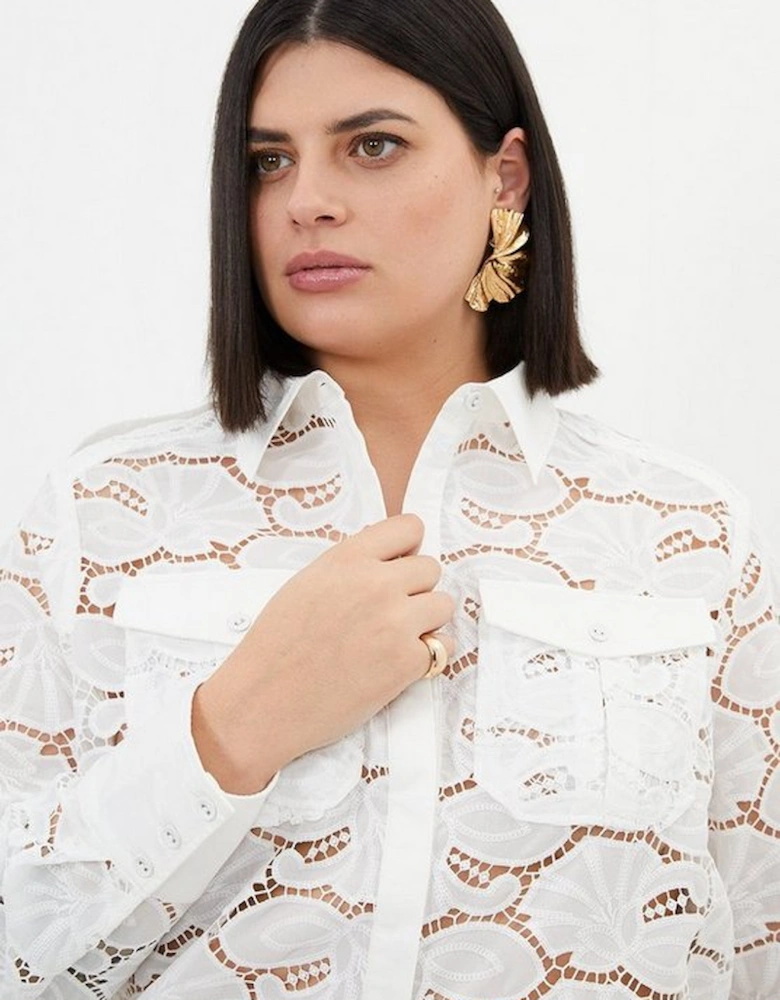 Plus Size Cotton Cutwork Woven Shirt