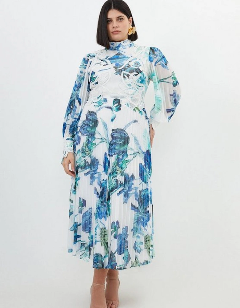 Plus Size Floral Print Lace Applique Woven Maxi Dress