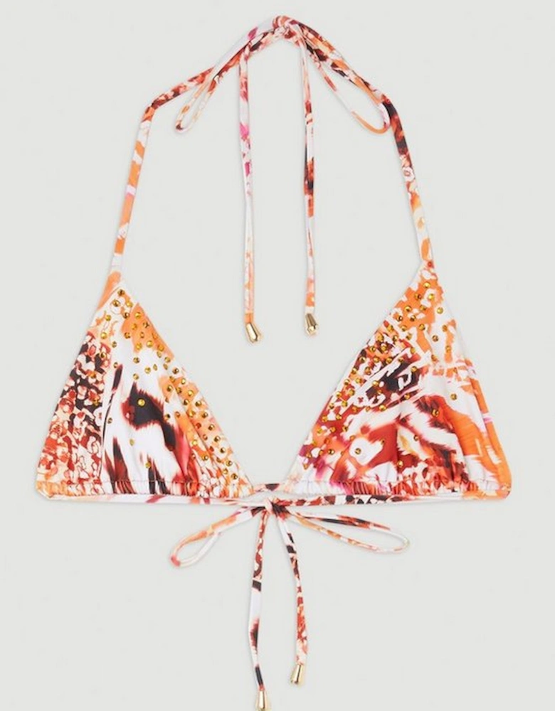 Statement Print Embellished Trim Bikini Top