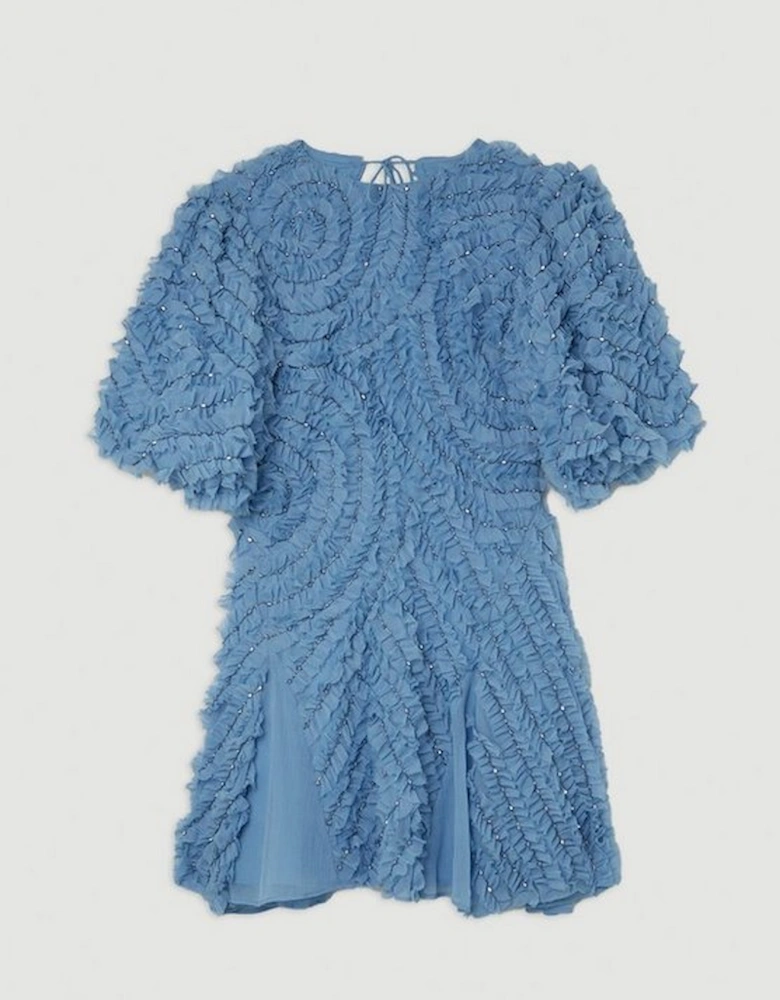Embellished Ruffle Puff Sleeve Woven Mini Dress