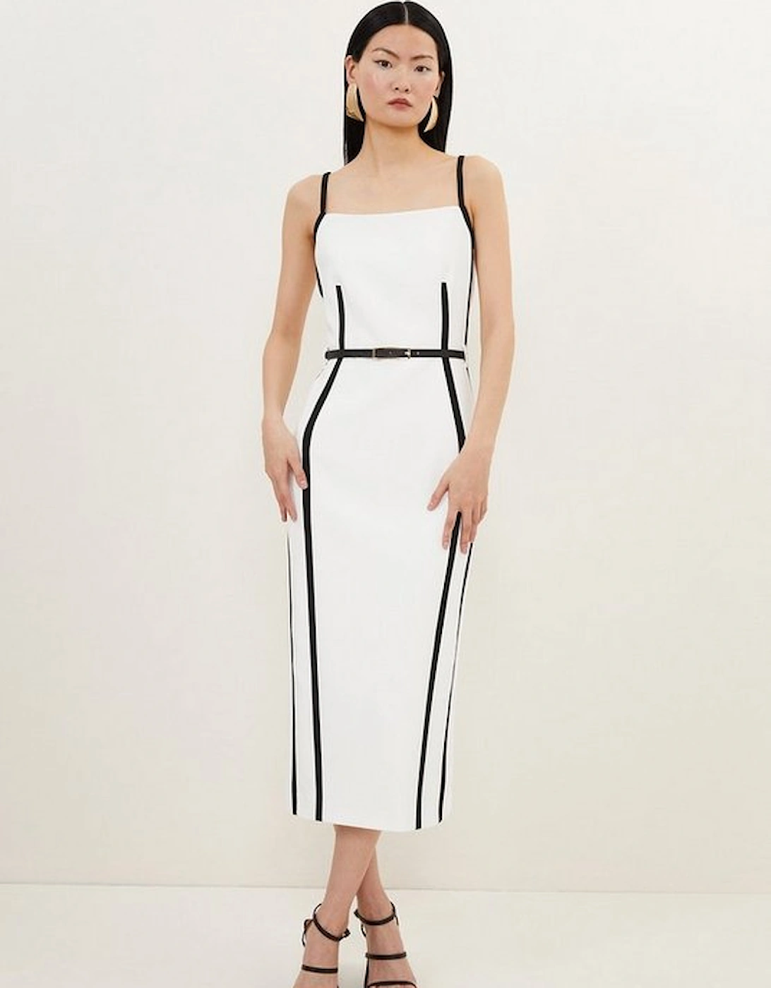 Petite Compact Stretch Contrast Tailored Belted Midi Dress, 5 of 4