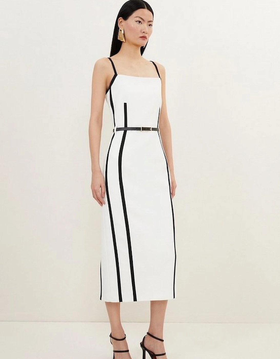 Petite Compact Stretch Contrast Tailored Belted Midi Dress