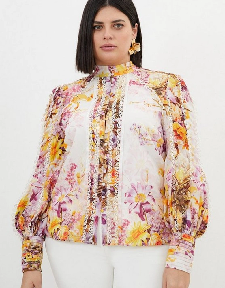 Plus Size Trailing Floral Woven High Neck Blouse