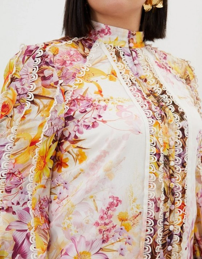 Plus Size Trailing Floral Woven High Neck Blouse